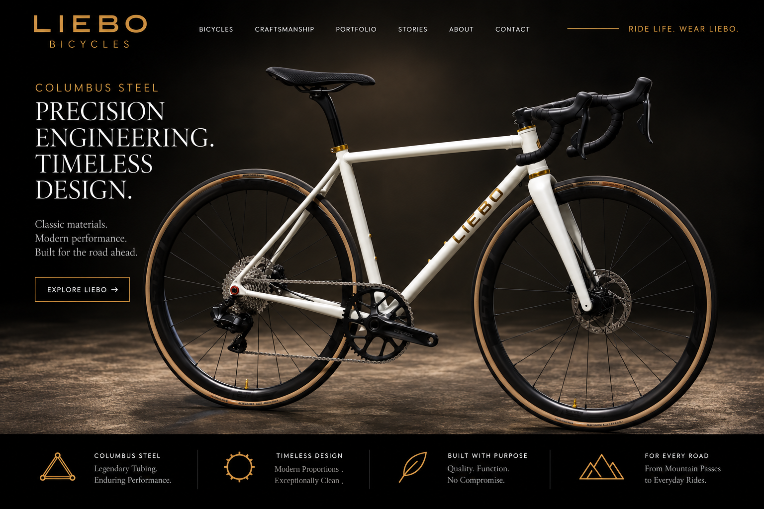 LIEBO Bicycles homepage: pearl white Columbus steel bicycle on a dark studio background. Precision Engineering. Timeless Design.